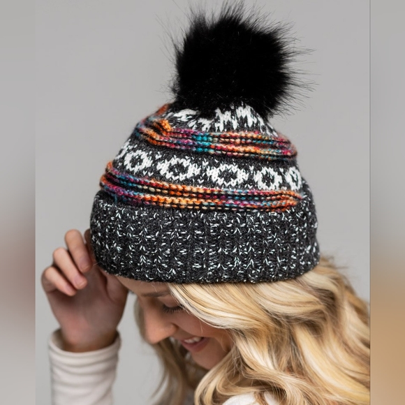 Black & Multi-Color Decorative Knit Pom Pom Beanie - Picture 3 of 5